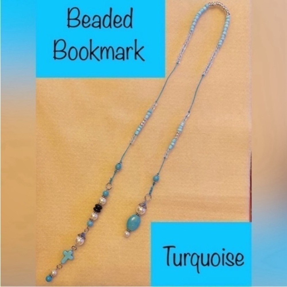 ECCENTRIC HANDCRAFTED Turquoise Blue Gemstone Beaded Bookmark w/Turquoise Cross